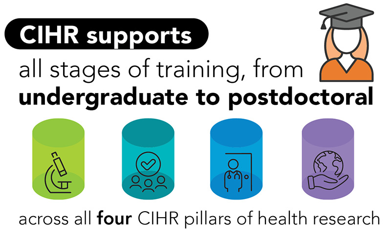 CIHR supports all stages of training, from undergraduate to postdoctoral across all four CIHR pillars of health research.